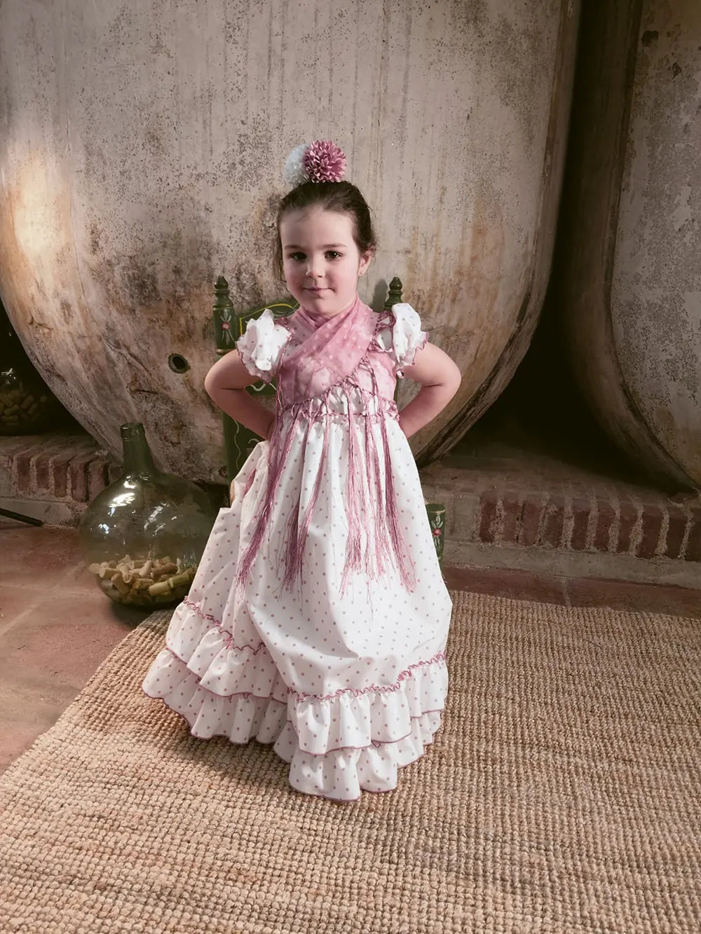 Vestido Flamenca Canastero Blanco con Lunares Rosa