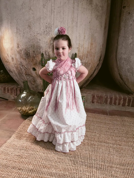 Vestido Flamenca Canastero Blanco con Lunares Rosa